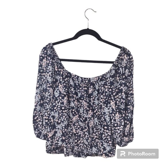 Women's Floral Long Sleeve Top Navy Off the Shoulder Style Size Medium - Picture 2 of 4